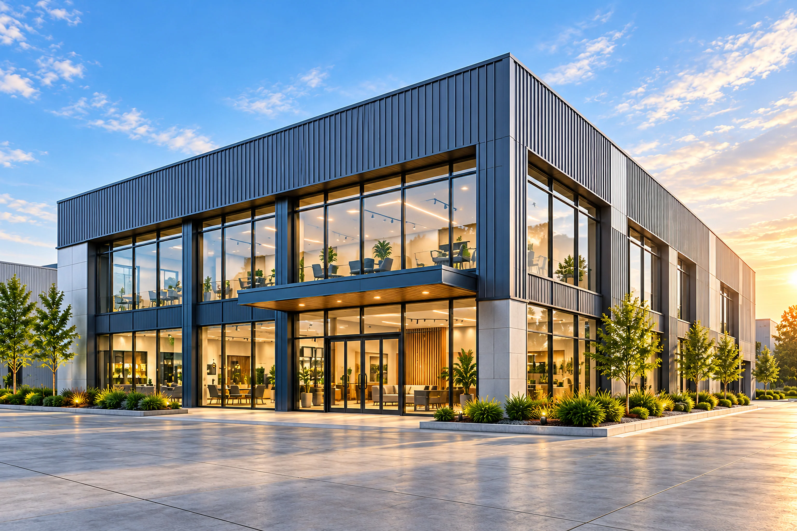 A pre-engineered commercial building with a glass front and steel cladding