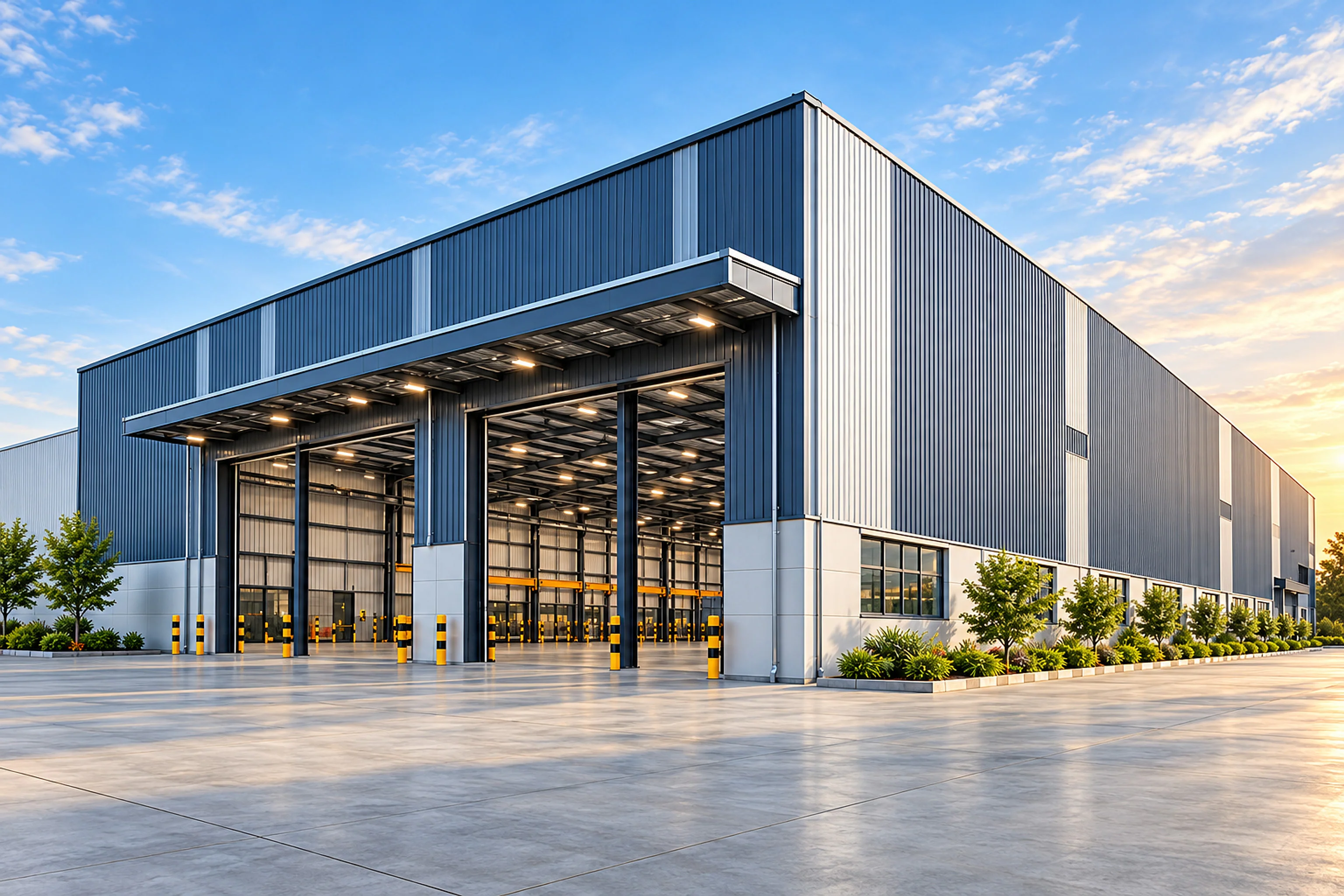 A large pre-engineered industrial building with a canopy over wide open bays