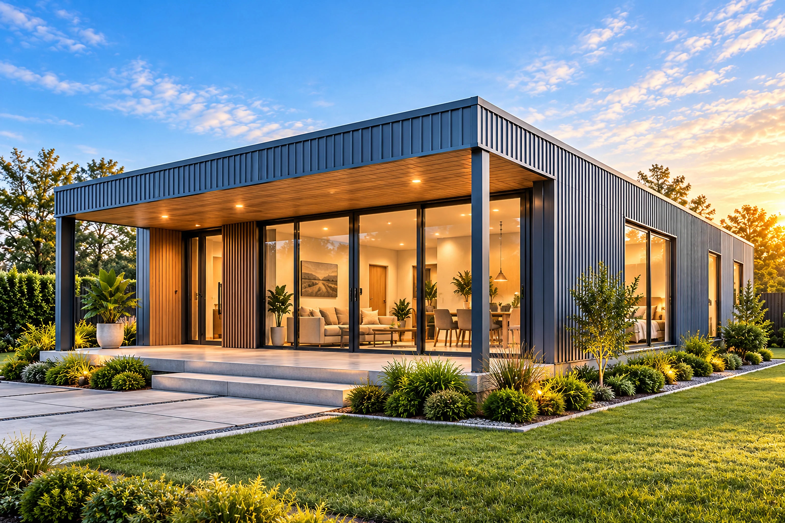 A modern steel-clad prefab home with a covered veranda and large glass doors