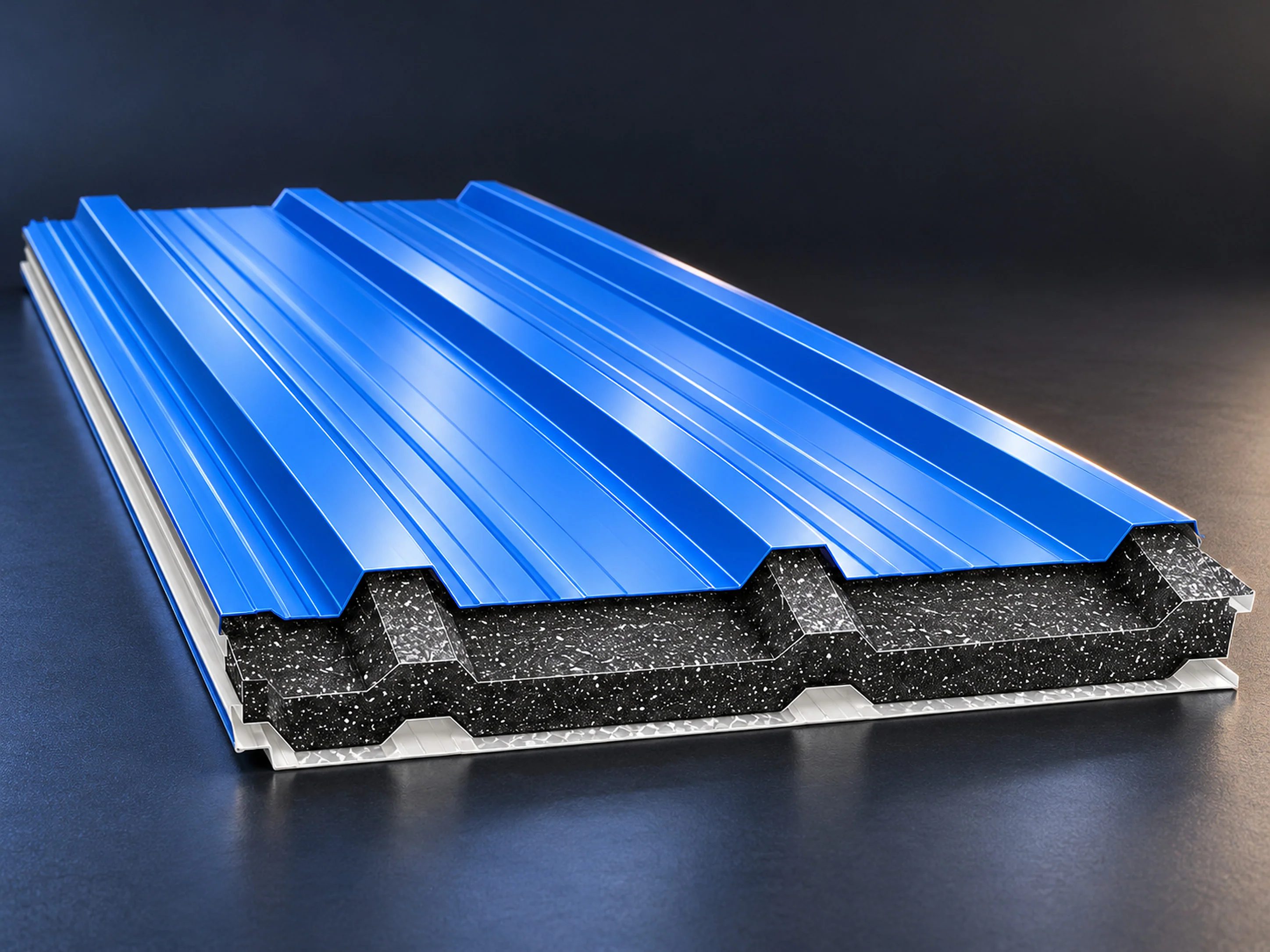 A cobalt blue Duralium Coolroof panel in cross-section: coloured sheet, insulation core and aluminium foil