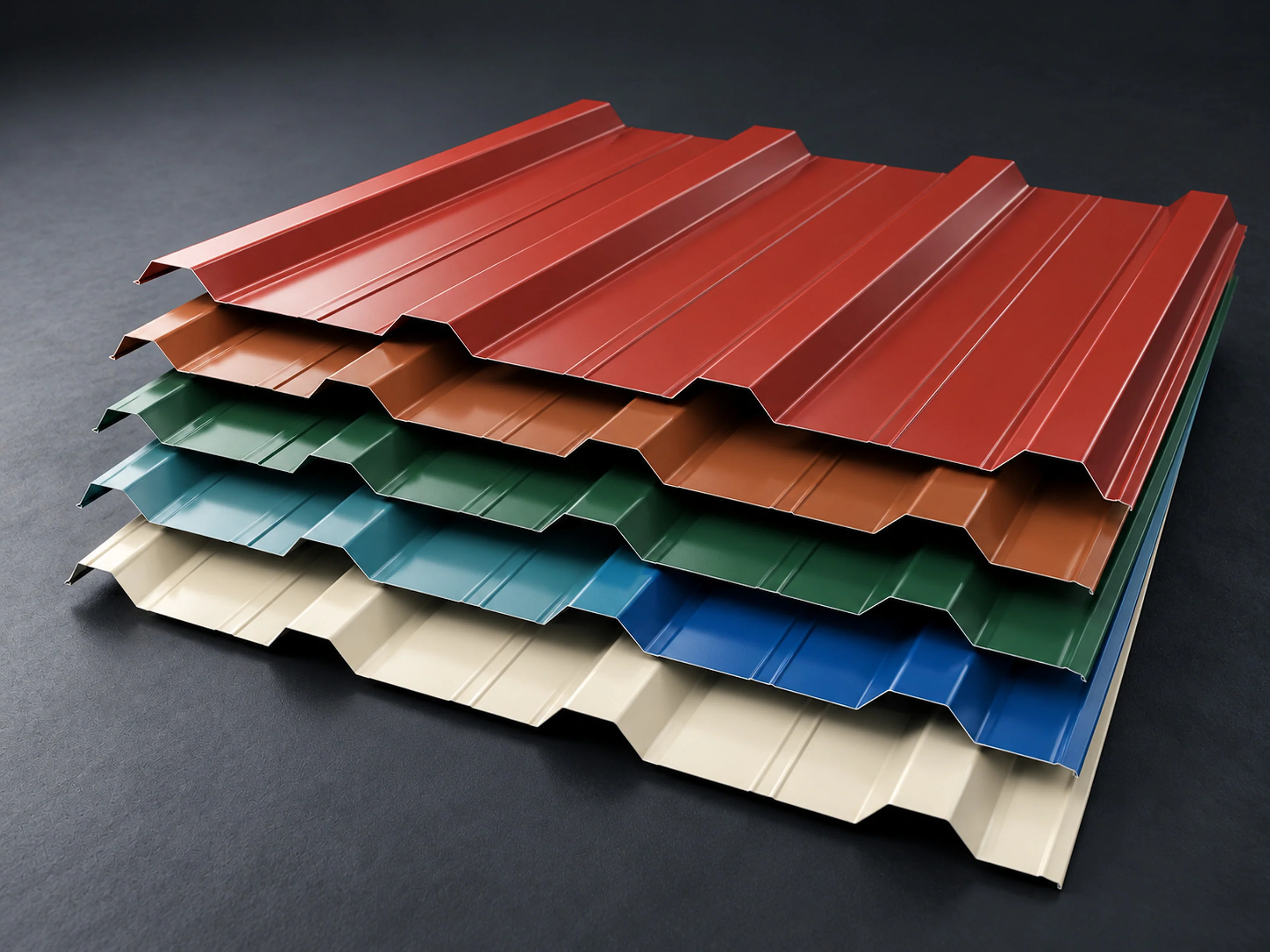 A stack of Duralium Rainbowplus roofing sheets in five colours
