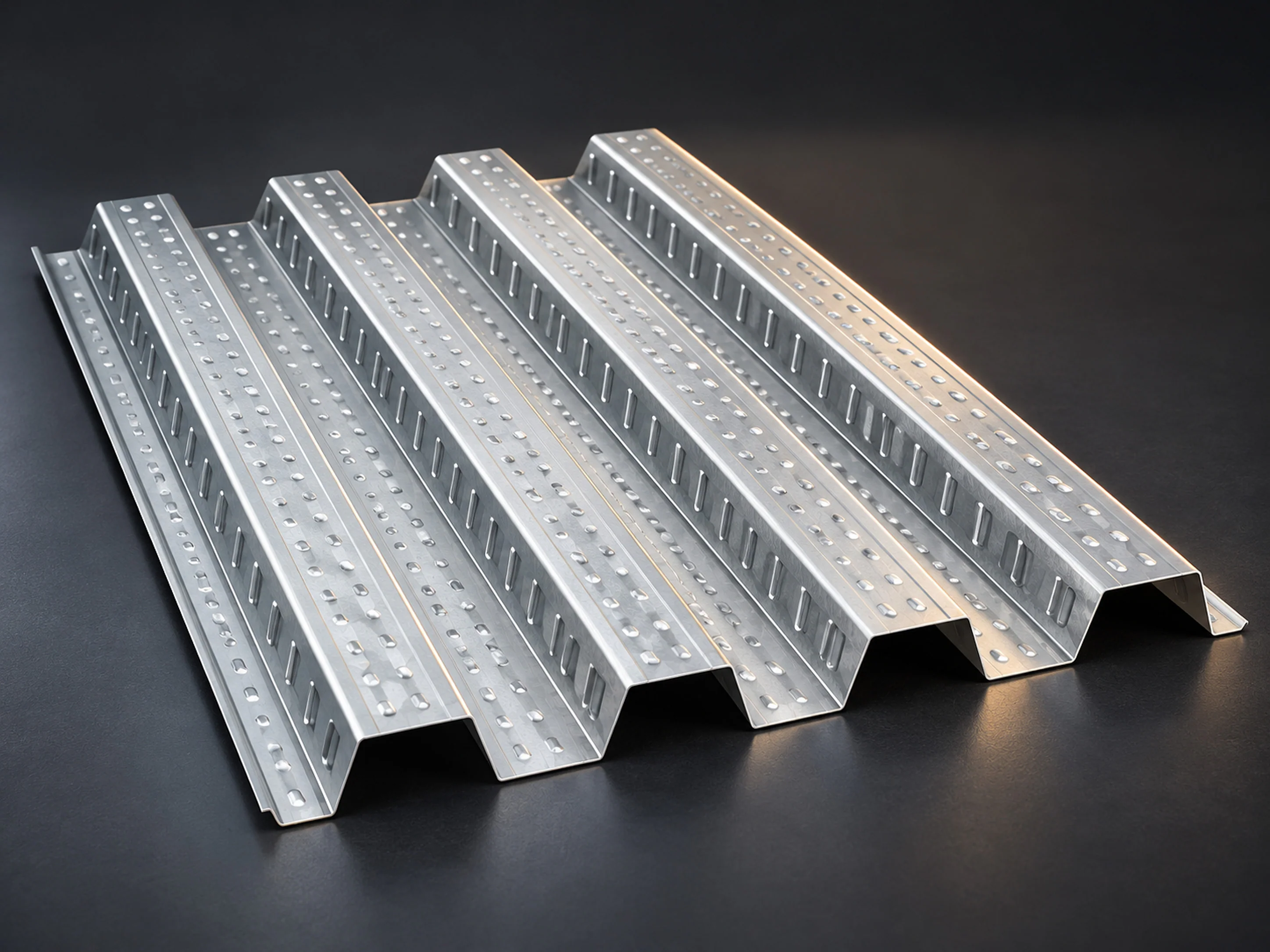 A Duralium Smartdeck galvanised steel decking sheet with four crests